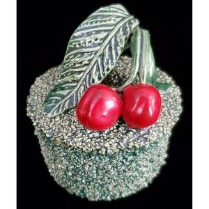 Vintage Majolica Palissy Pottery Covered Dish Jar Applied Cherries Leaf with Lid